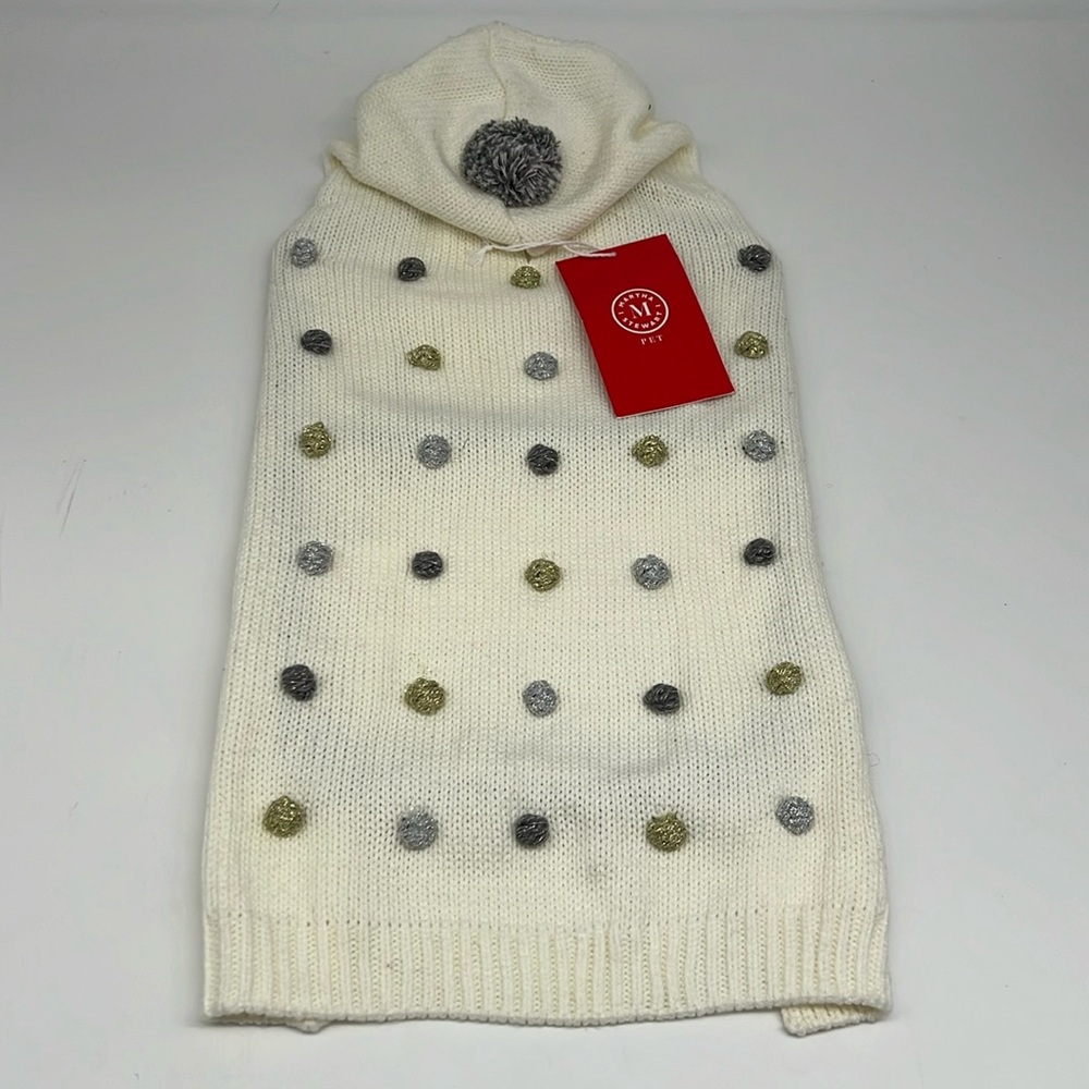 Martha Stewart Cram Ivory‎ Dog Sweater Metallic Pom Pom Hooded Festive Large